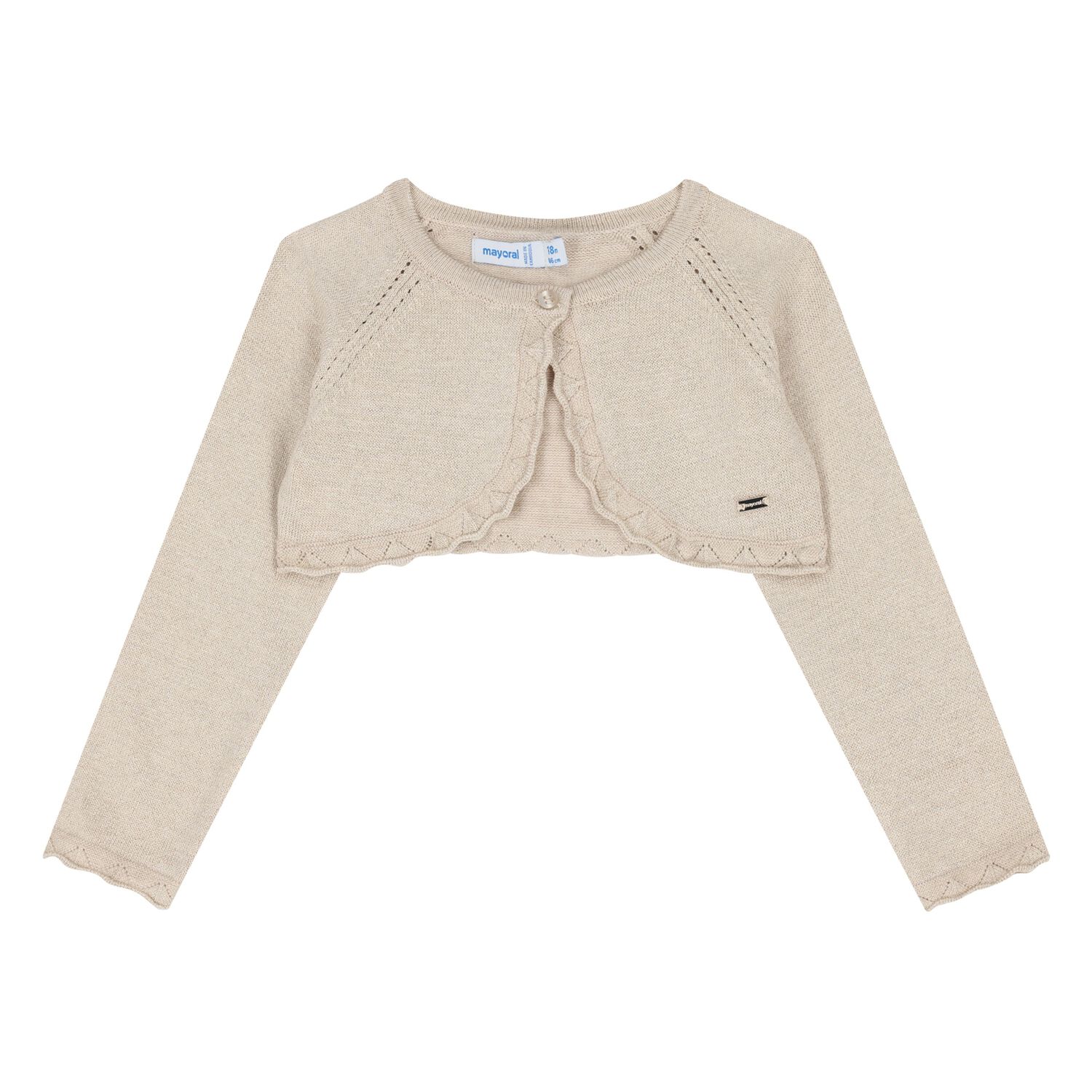 Younger Girls Beige Knitted Cardigan, 1, hi-res