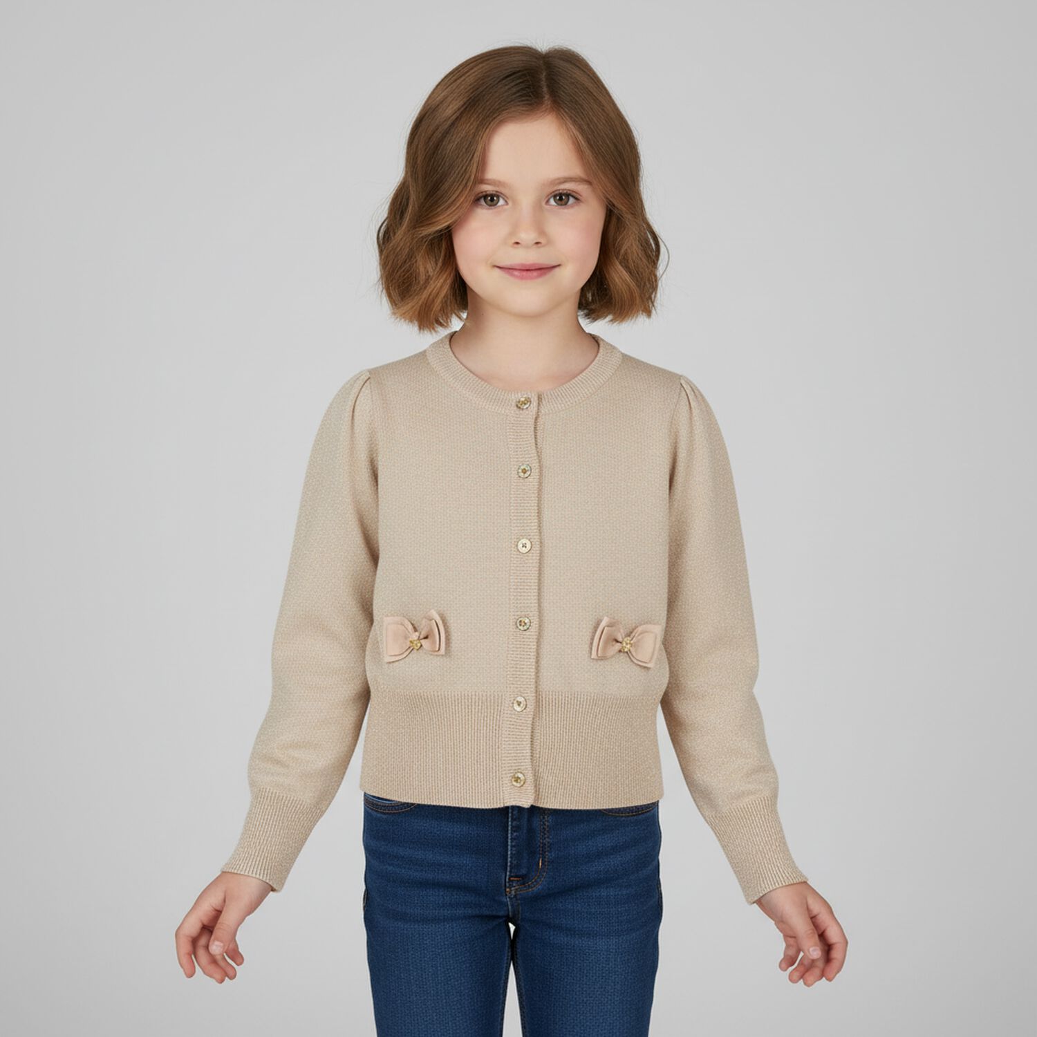 Girls Gold Bow Cardigan, 1, hi-res