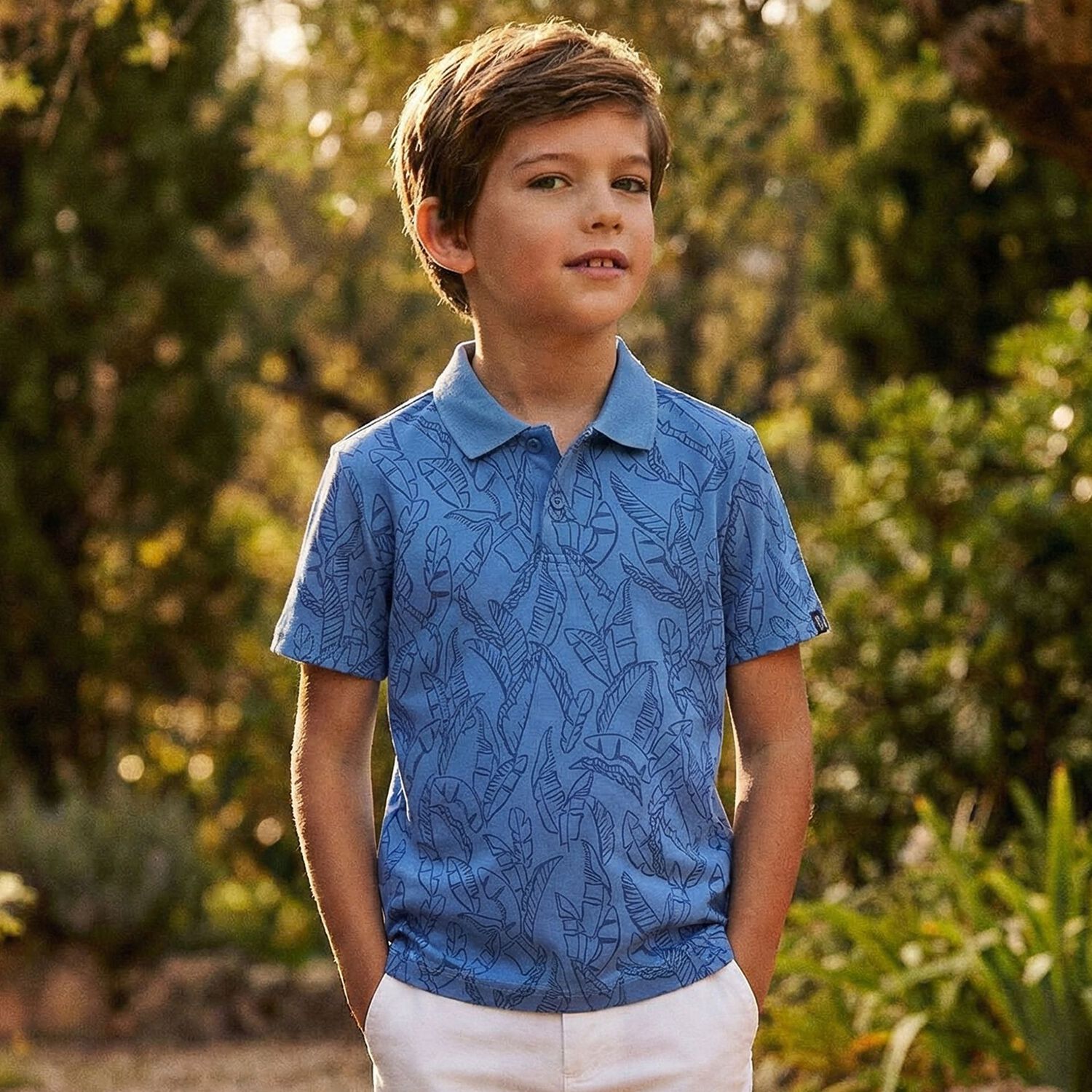 Boys Blue Leaves Polo Shirt, 1, hi-res