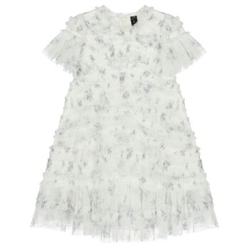 Girls White Floral Ruffled Tulle Dress