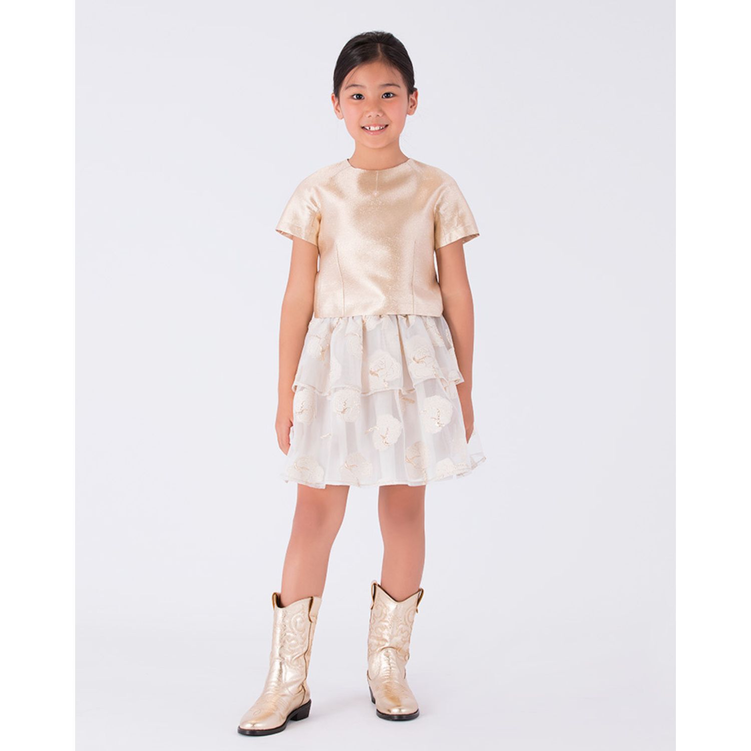 Girls Gold & White Roses Skirt Set, 1, hi-res image number null