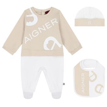 Beige & White Logo Babygrow, Hat & Bib Gift Set
