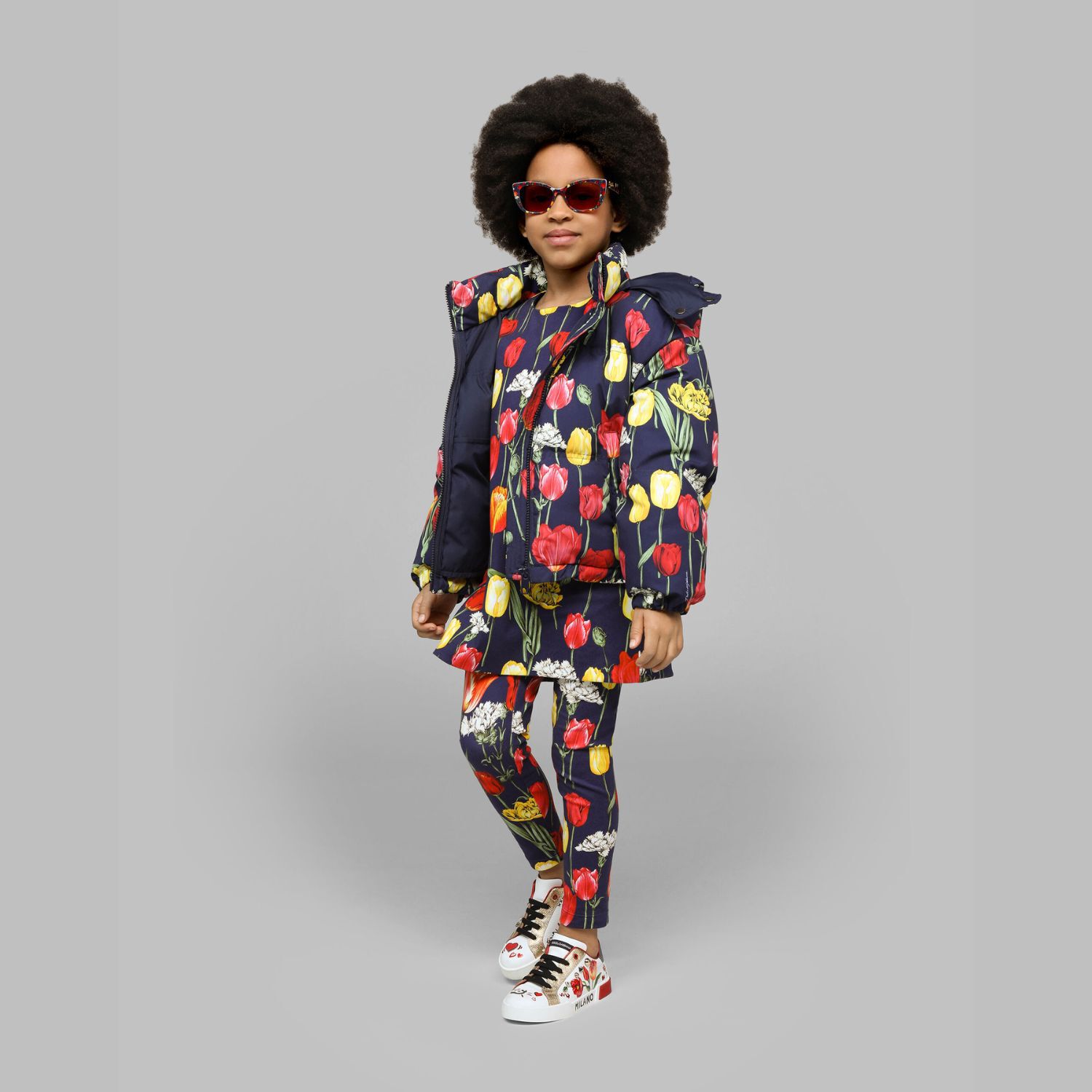 Girls Navy Blue Logo & Tulip Leggings, 1, hi-res