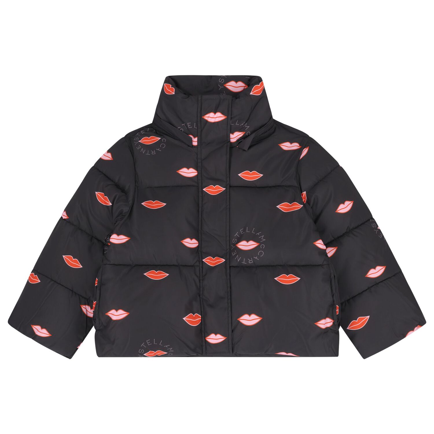 Girls Black Lips & Logo Puffer Jacket , 1, hi-res