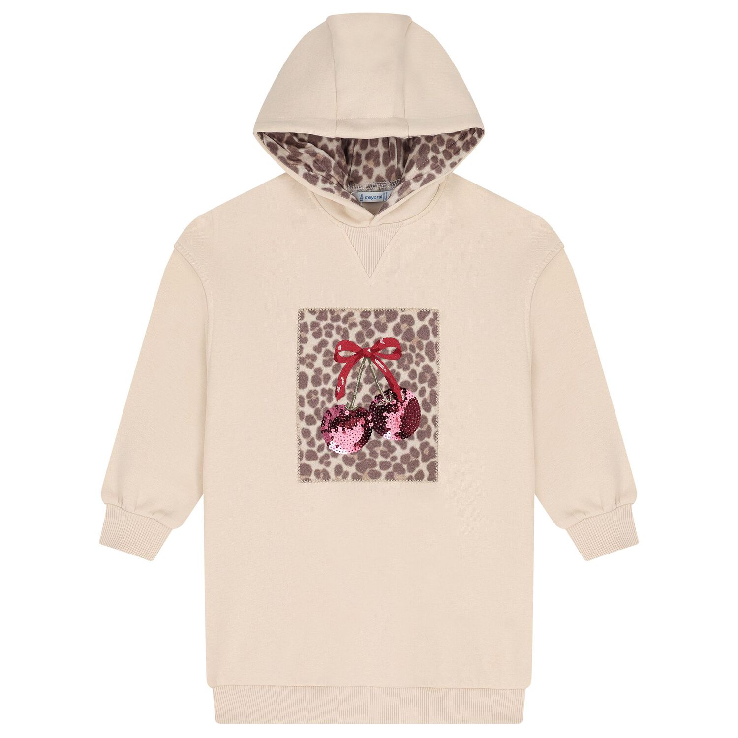 Girls Beige Embellished Cherry Hooded Sweatshirt Dress, 1, hi-res