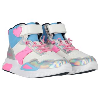Girls White, Pink & Blue Logo Trainers