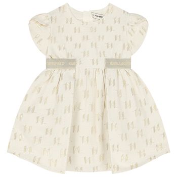 Girls Ivory & Gold Logo Jacquard Dress