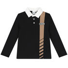 Boys Black Logo Long Sleeve Polo Shirt, 1, hi-res