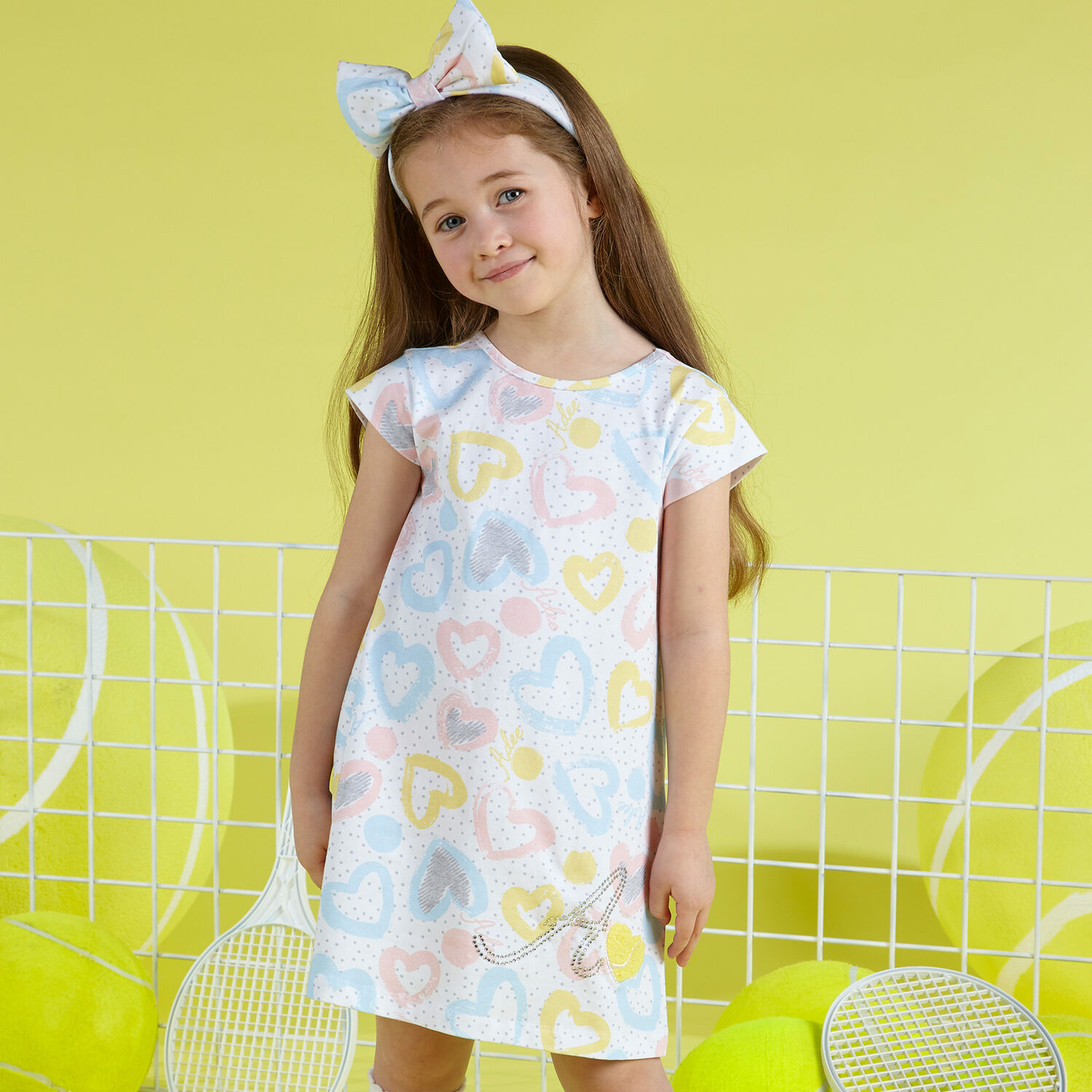Girls White Hearts Dress, 1, hi-res
