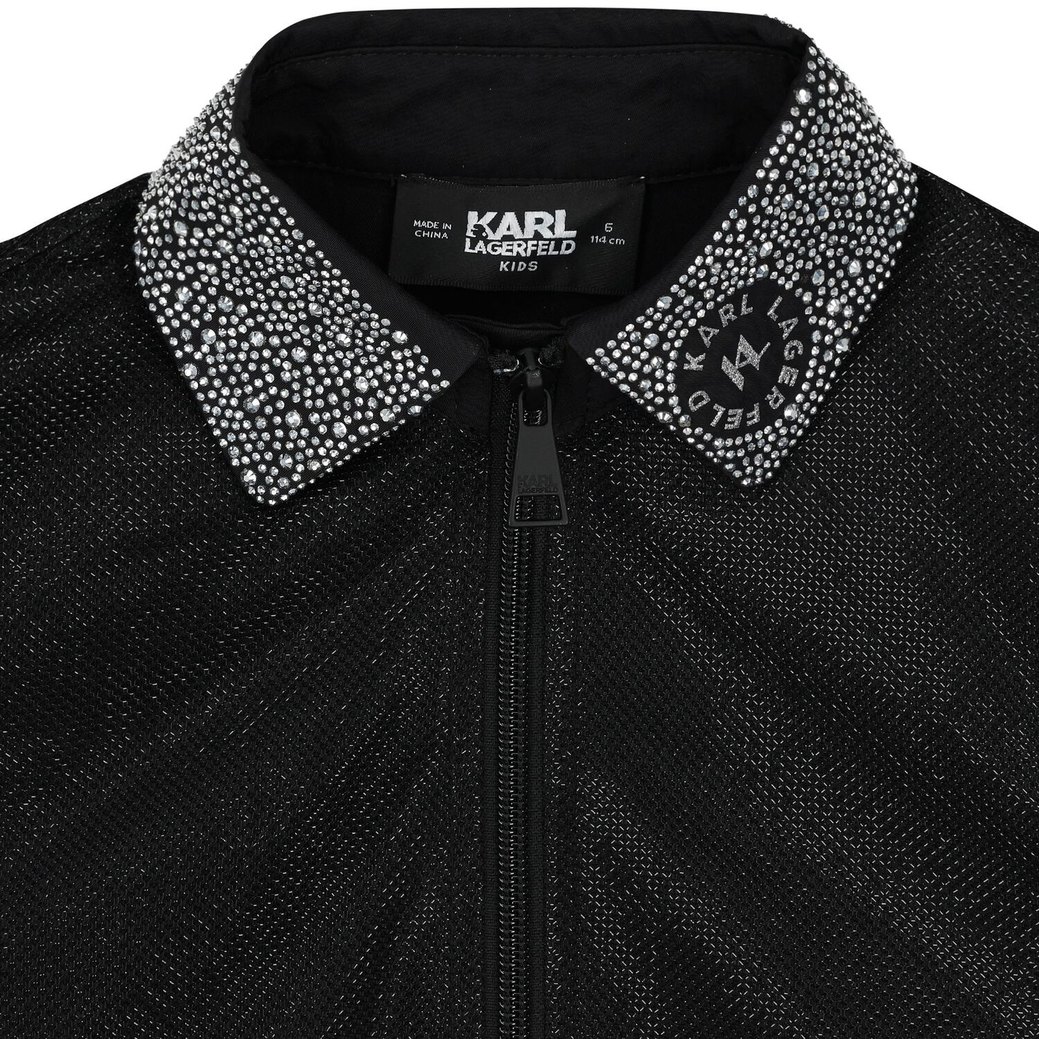Girls Black Logo Rhinestone Zip Up Top, 1, hi-res