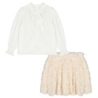 Girls White & Beige Embellished Skirt Set , 1, hi-res