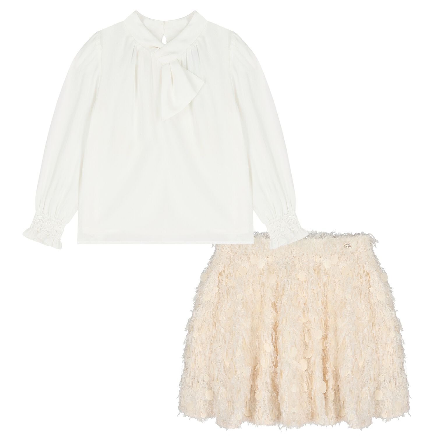 Girls White & Beige Embellished Skirt Set , 1, hi-res
