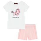 Girls White & Pink Horse Pyjamas, 2, hi-res