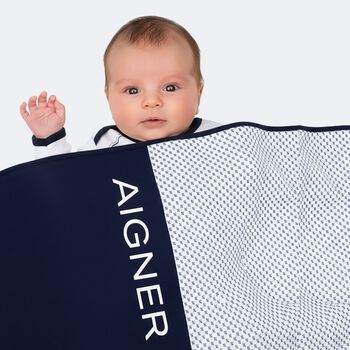 Baby Boys White & Navy Blue Logo Blanket