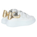 White & Gold Logo Trainers, 1, hi-res