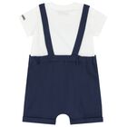 Younger White & Navy Blue Teddy Bear Logo Dungaree Set, 1, hi-res