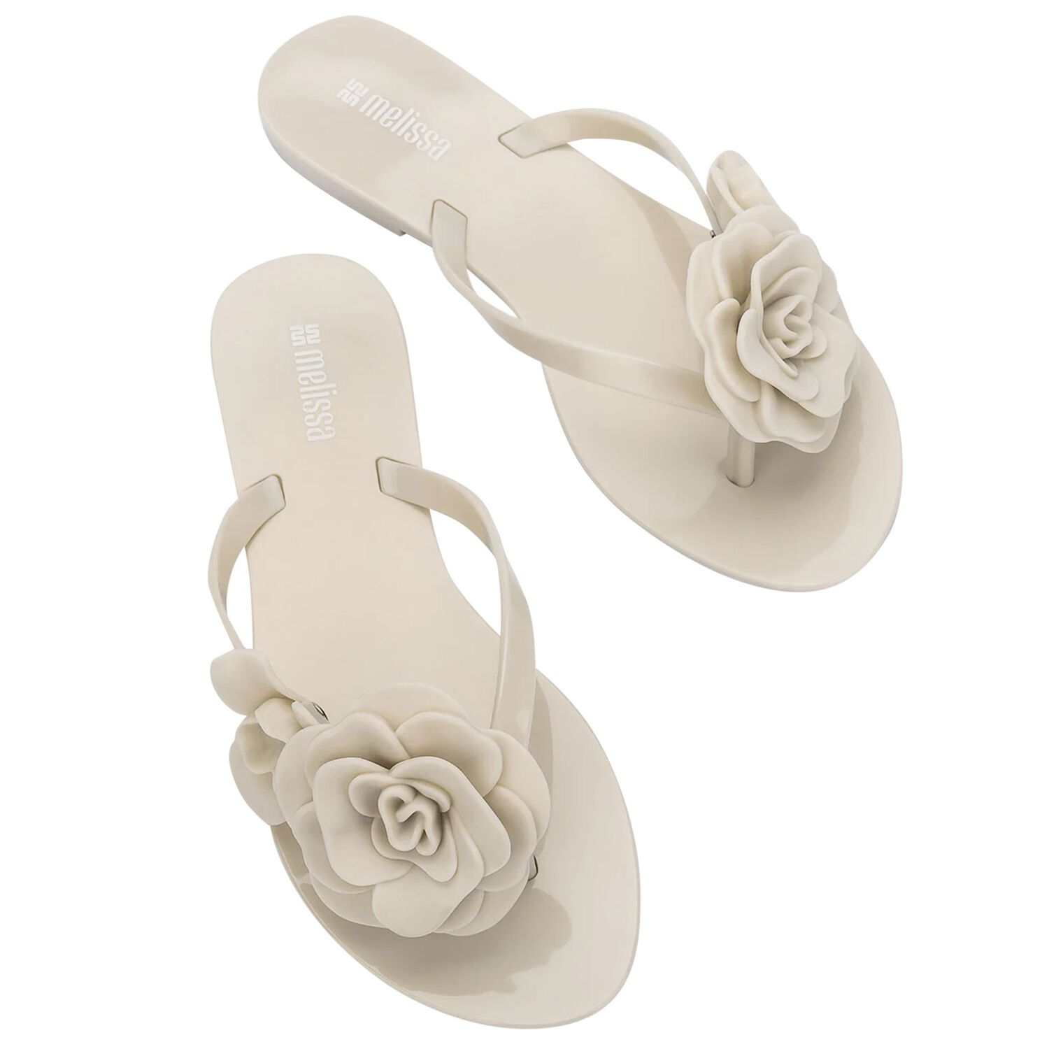 Girls Beige Logo Flower Flip Flops, 1, hi-res