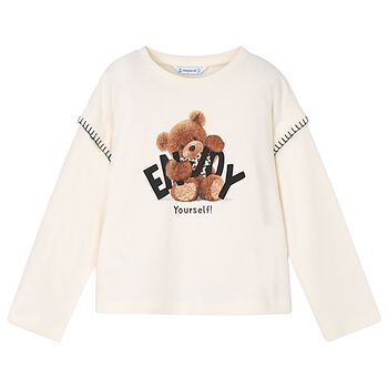 Girls Ivory Teddy Bear Long Sleeve Top
