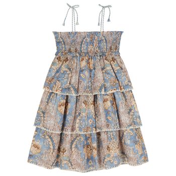 Girls Blue & Beige Floral Tiered Dress