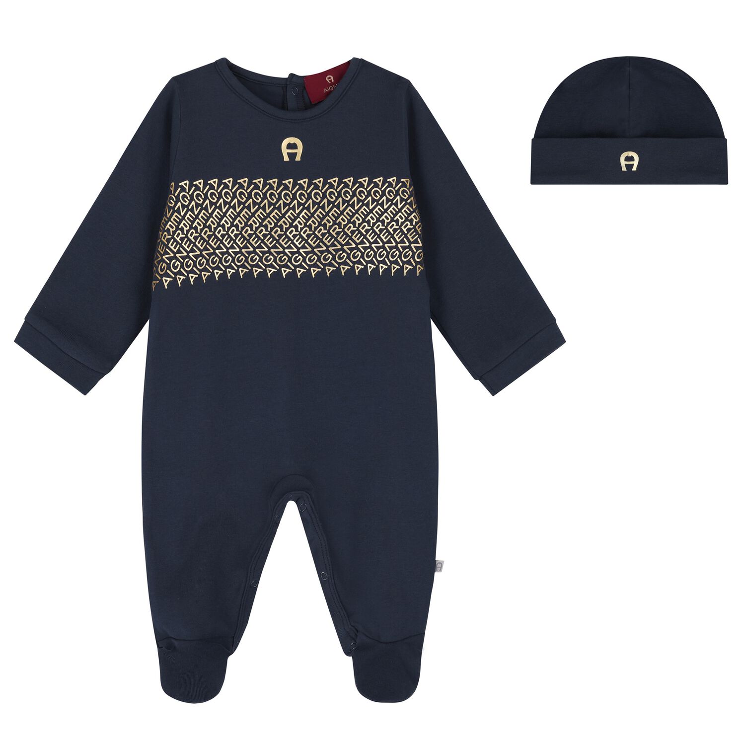 Boys Navy Blue & Gold Logo Babygrow & Hat Gift Set, 1, hi-res