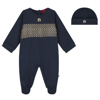 Boys Navy Blue & Gold Logo Babygrow & Hat Gift Set