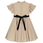 Girls Beige Dots Belted Dress, 1, hi-res