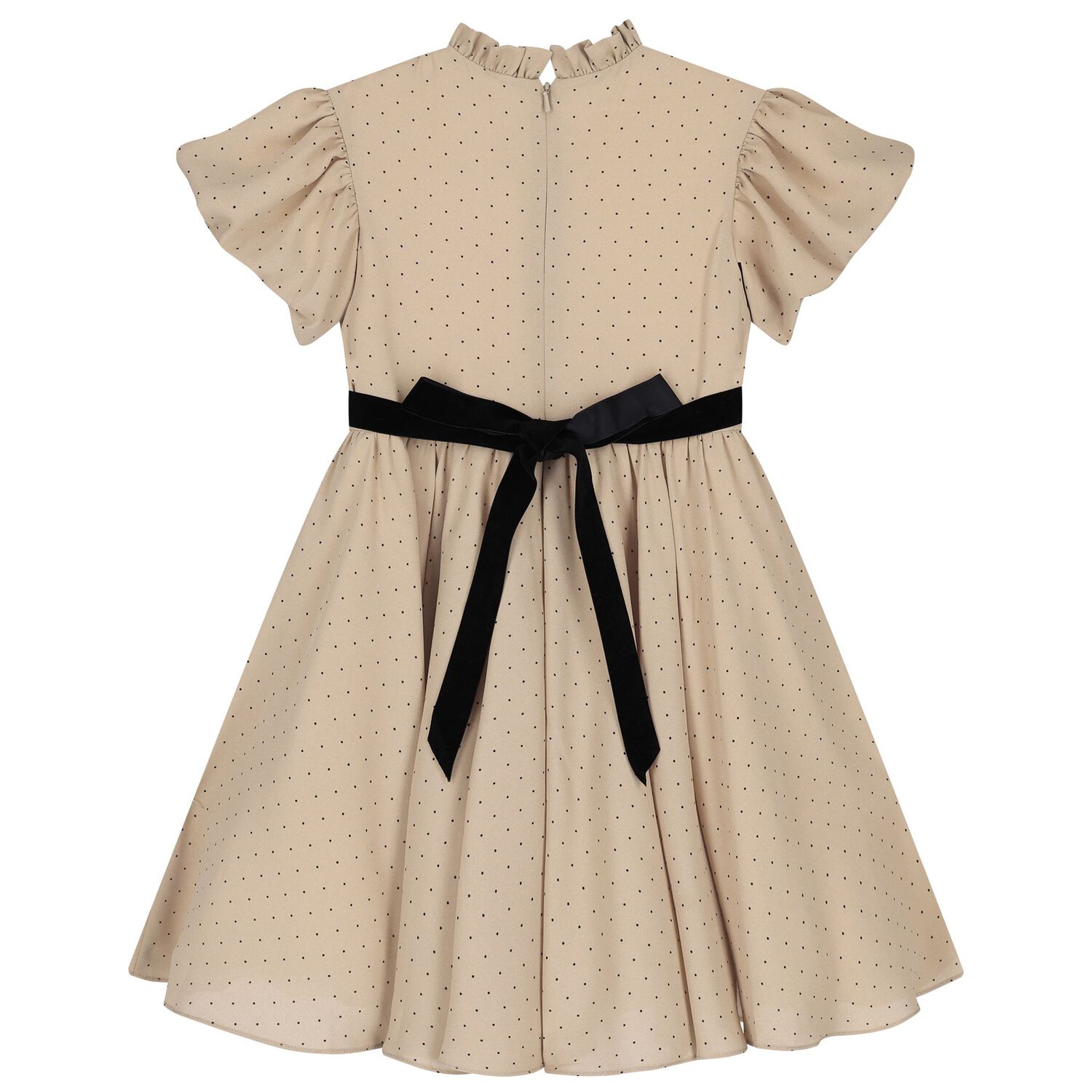 Girls Beige Dots Belted Dress, 1, hi-res