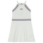 Girls White Logo Striped Dress, 1, hi-res