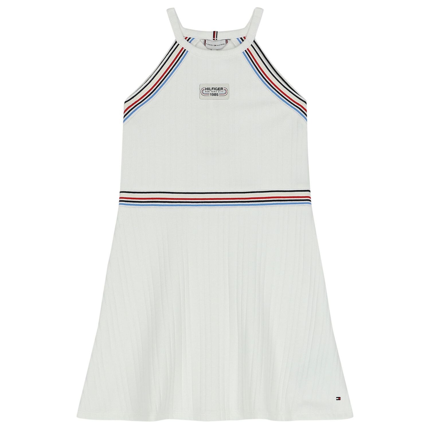 Girls White Logo Striped Dress, 1, hi-res