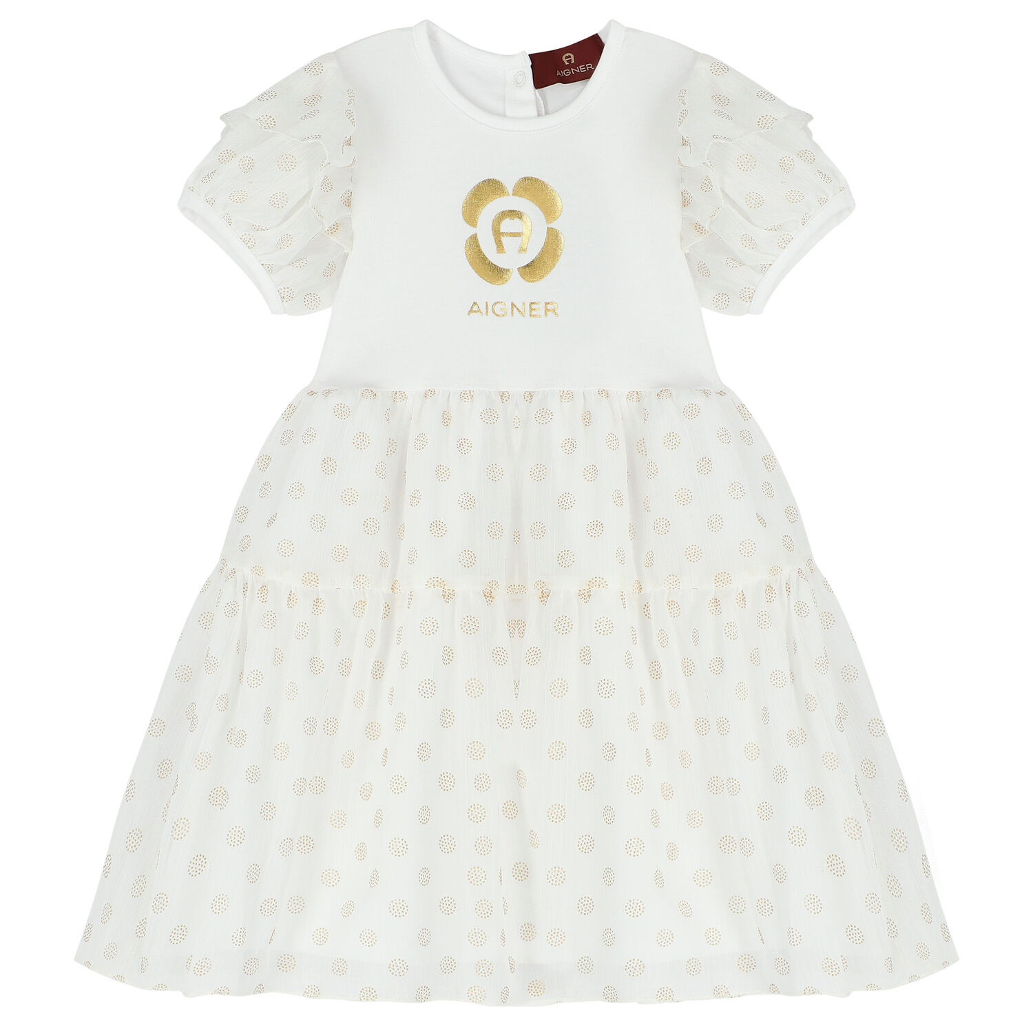 Younger Girls White & Gold Chiffon Dress, 1, hi-res