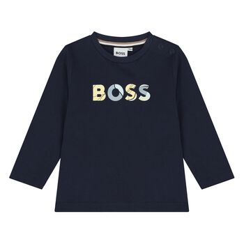 Younger Boys Navy Blue Logo Long Sleeve Top