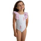 Girls White & Pink Ballerinas Swimsuit, 1, hi-res