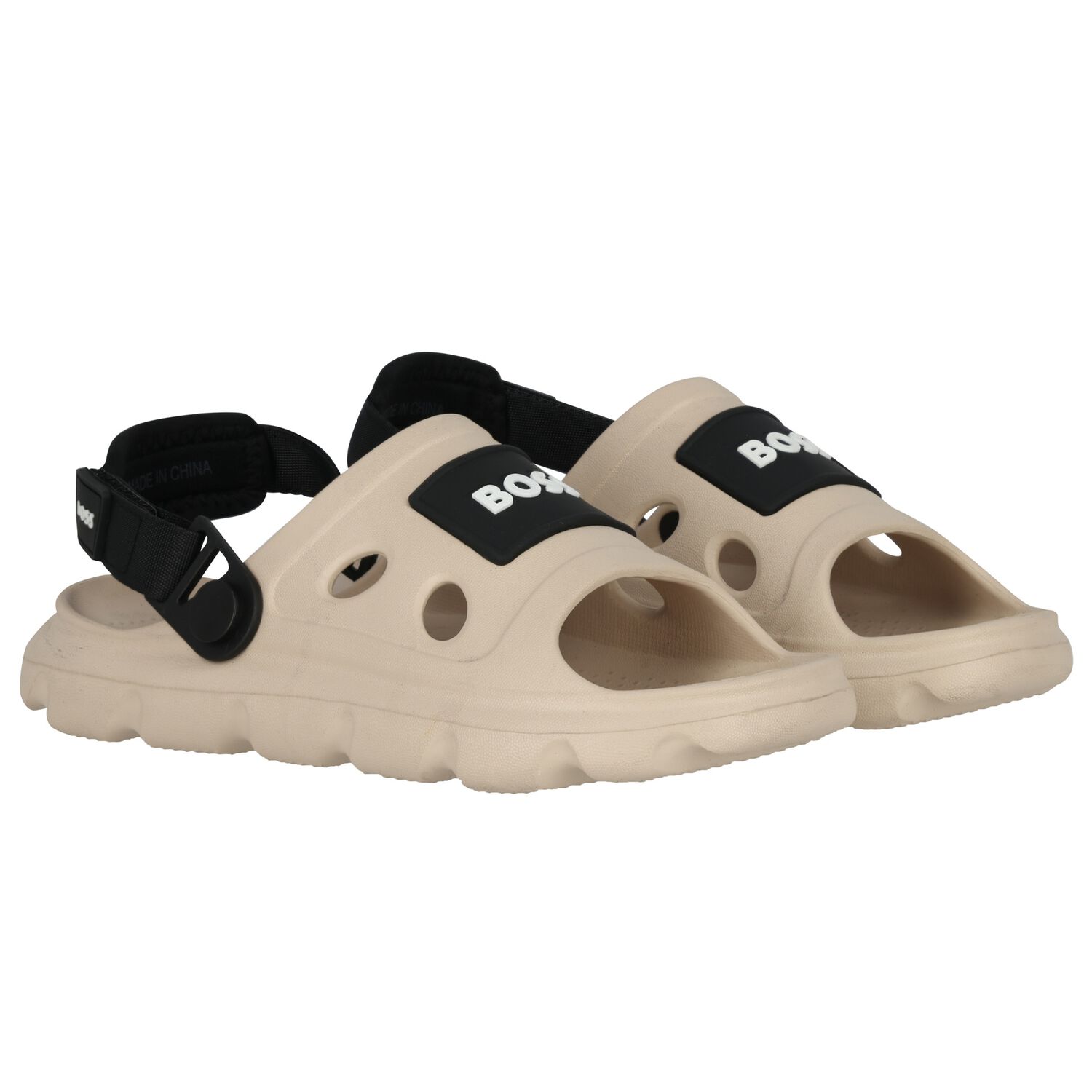 Boys Beige & Black Logo Sandals, 2, hi-res