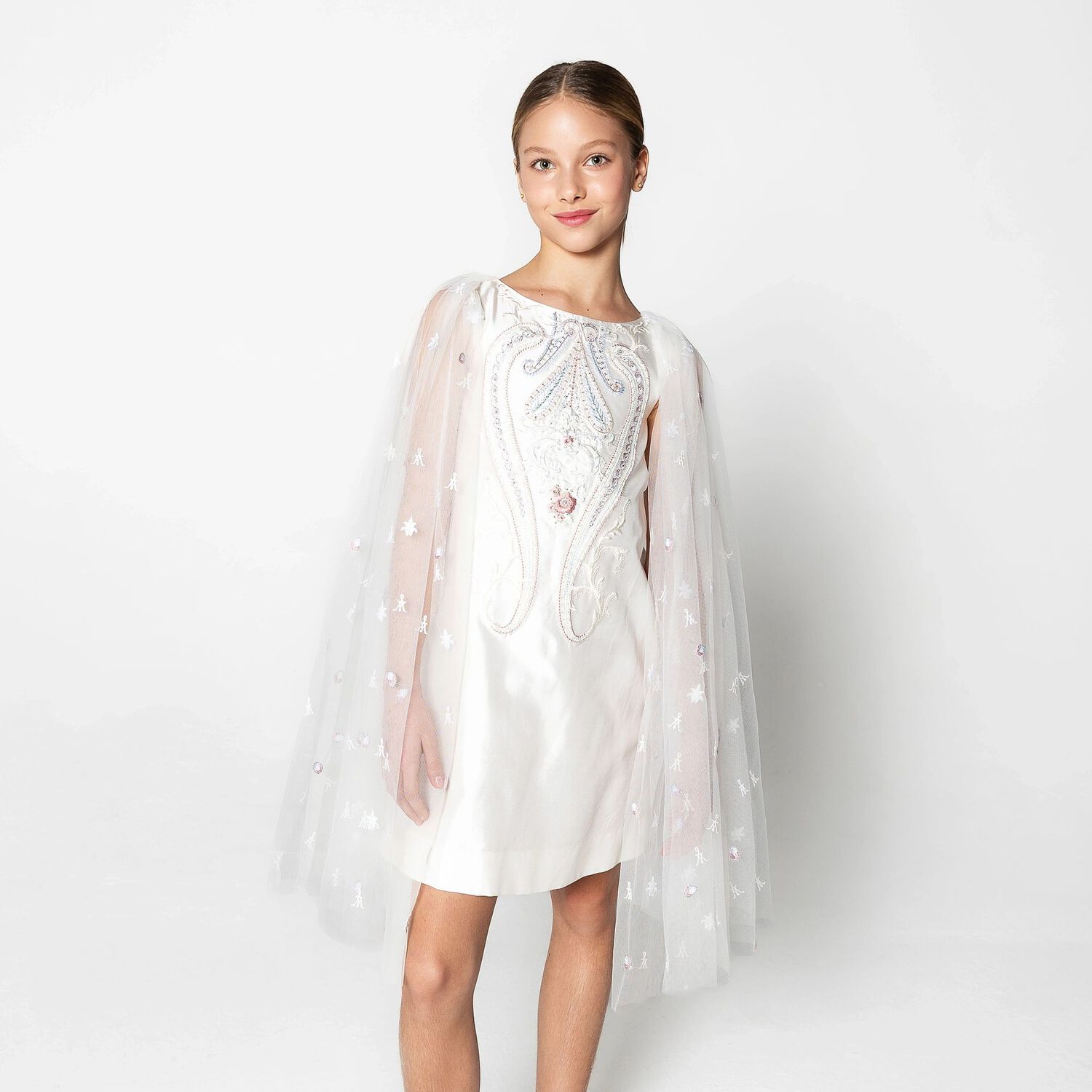 Girls Ivory Flower Cape Tulle Dress , 1, hi-res