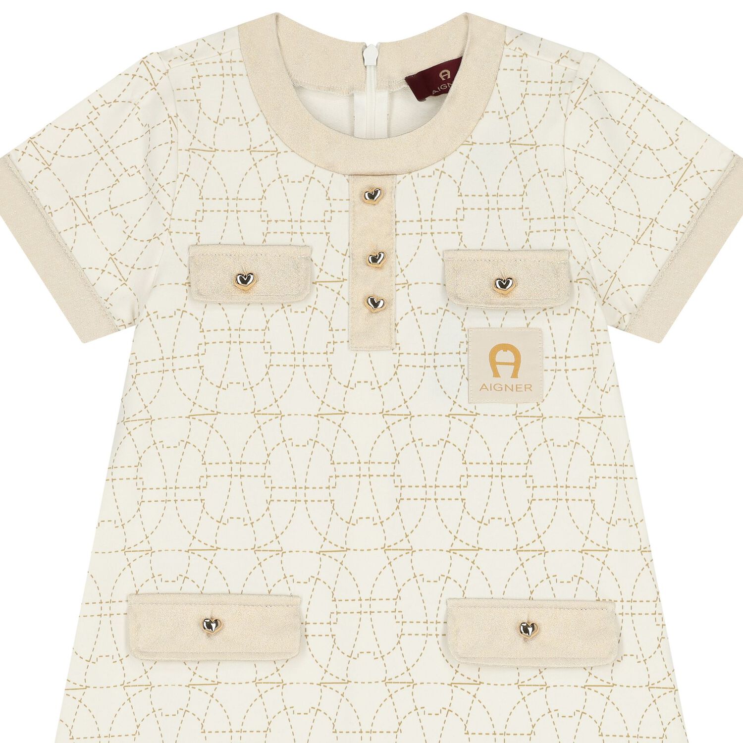 Girls Ivory & Gold Logo Dress, 1, hi-res