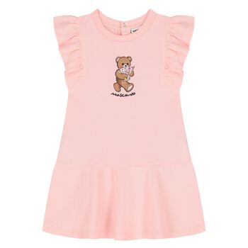 Younger Girls Pink Teddy Bear Ruffled Dress