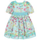 Girls Aqua Floral Chiffon Dress, 1, hi-res