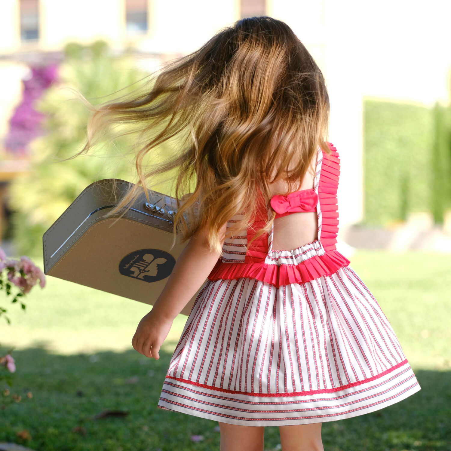 Girls White & Red Stiped Dress, 1, hi-res