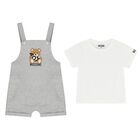 Younger White & Grey Teddy Bear Logo Dungaree Set, 2, hi-res