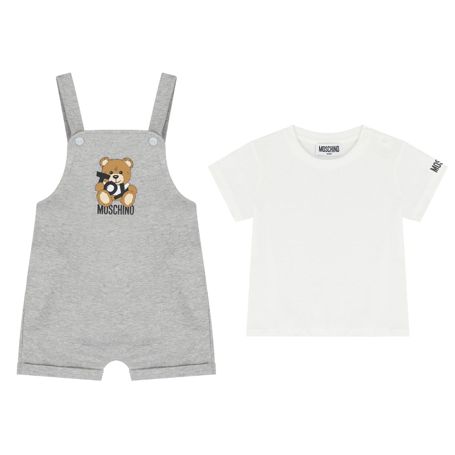 Younger White & Grey Teddy Bear Logo Dungaree Set, 2, hi-res