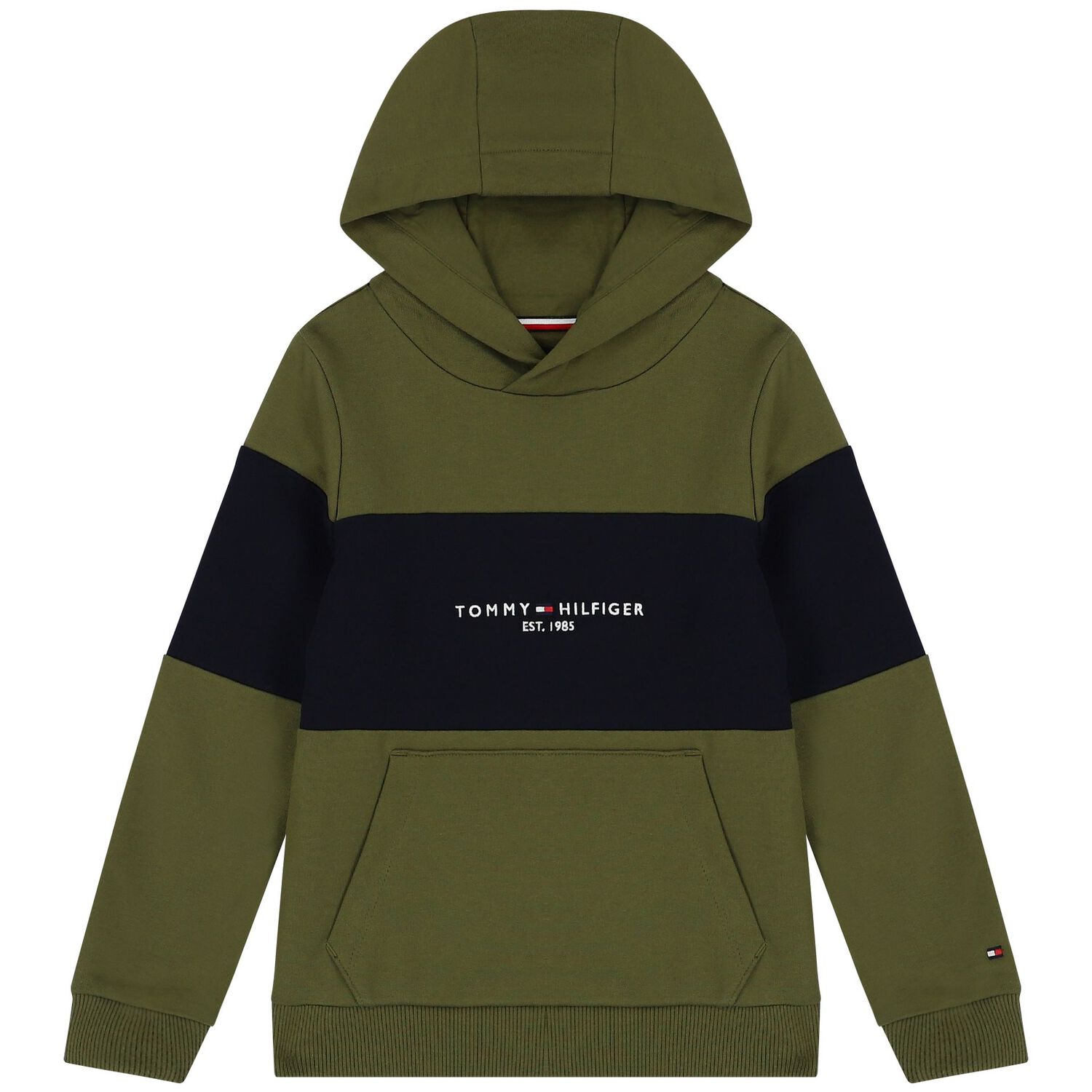 Boys Green & Navy Blue Logo Hooded Top, 2, hi-res