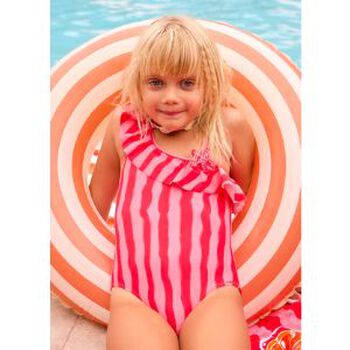 Girls Red & Pink Striped Swimsuit