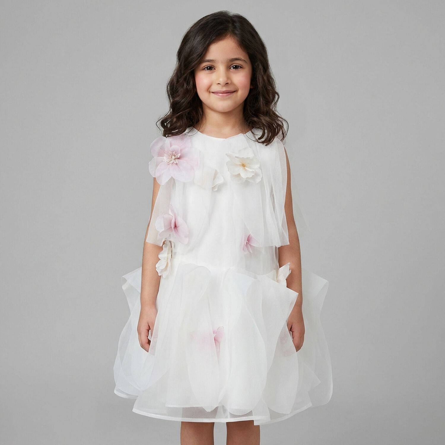 Girls White & Pink 3D Floral Organza Dress, 1, hi-res