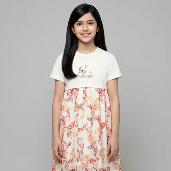 Girls Ivory & Pink Butterflies Logo Dress