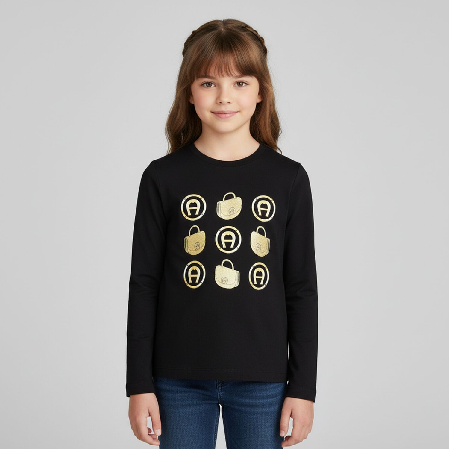 Girls Black Logo Long Sleeve Top, 2, hi-res image number null