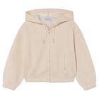 Girls Beige Hooded Zip Up Top, 2, hi-res