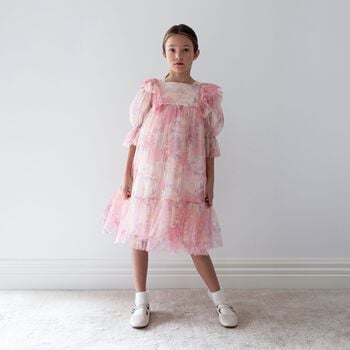 Girls Pink Floral Ruffled Tulle Dress