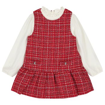 Girls White & Red Pinafore Tweed Dress