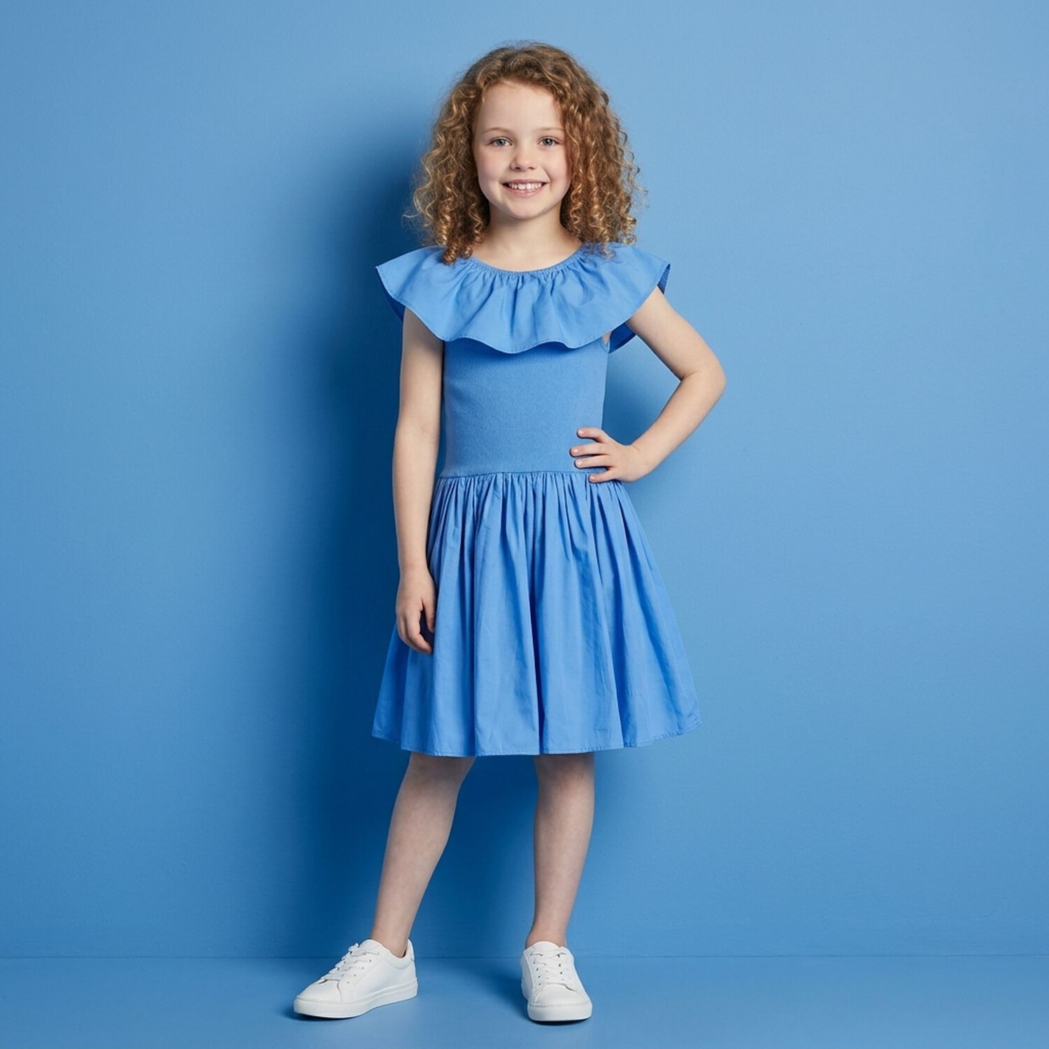 Girls Blue Ruffled Dress , 1, hi-res