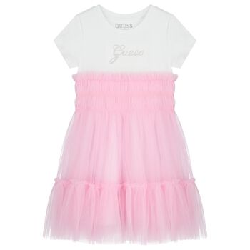 Girls White & Pink Logo Tulle Dress